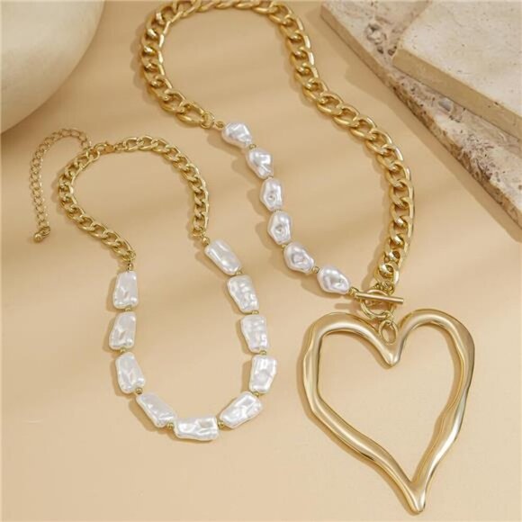 Y2K Chunky Heart Necklace | Big Pearl Choker Layered Set - Picture 3 of 6